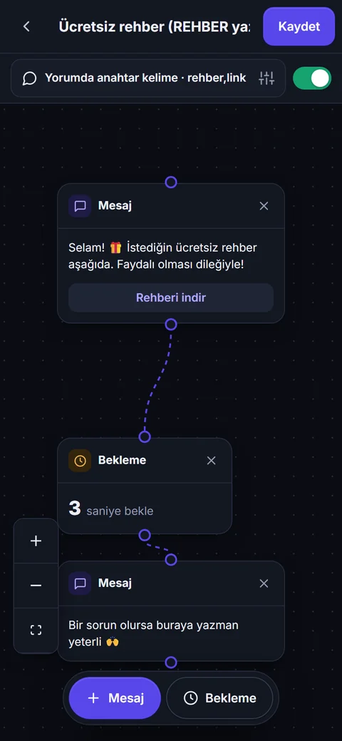Akış editörü telefonda, koyu tema