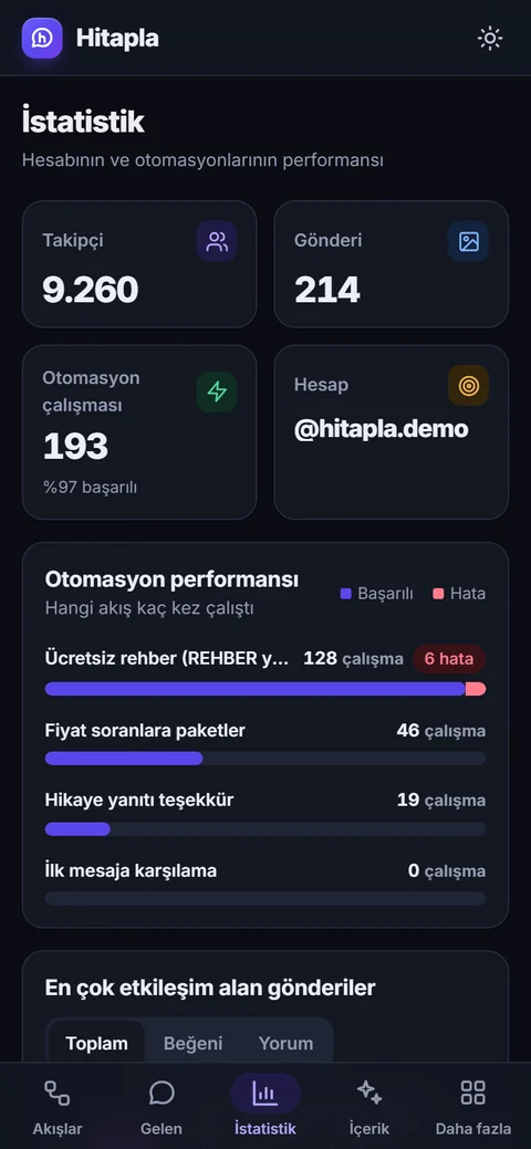 İstatistik ekranı telefonda, koyu tema